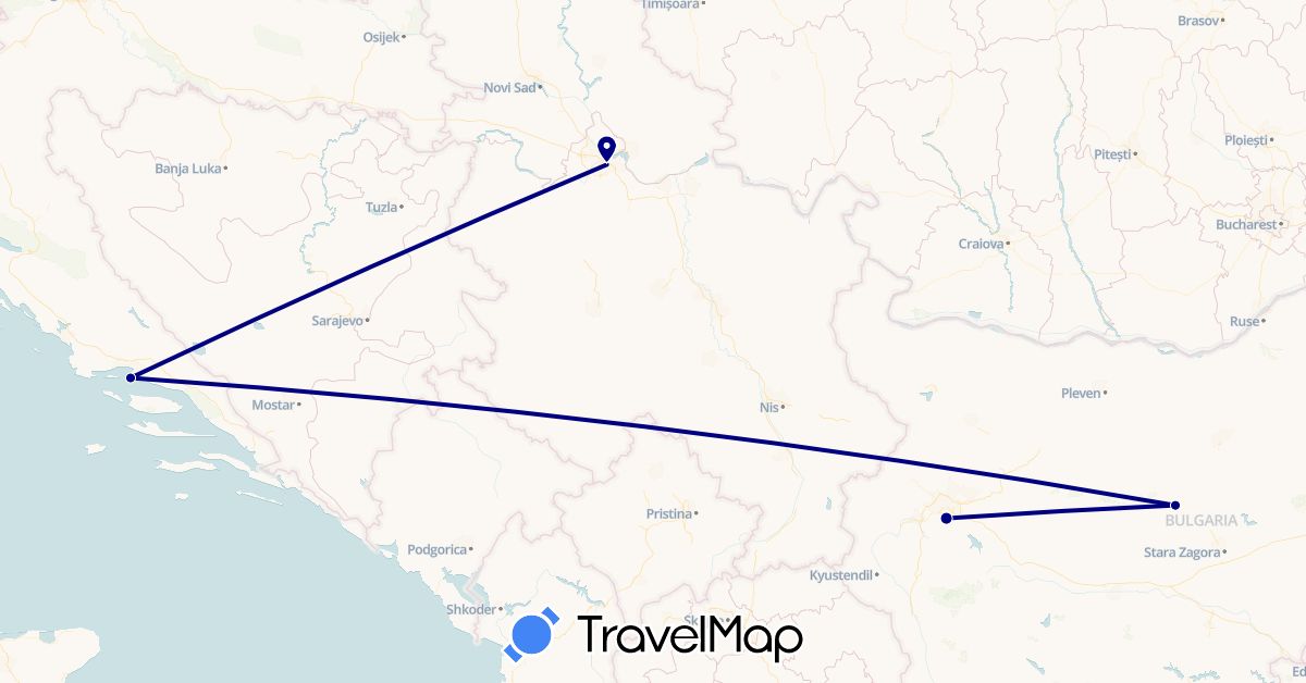 TravelMap itinerary: driving in Bulgaria, Croatia, Serbia (Europe)